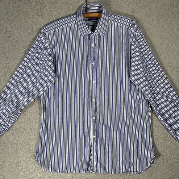 Ralph Lauren Purple Label Dress Shirt Men’s Size 17 Blue White Stripes Italy - Picture 2 of 16
